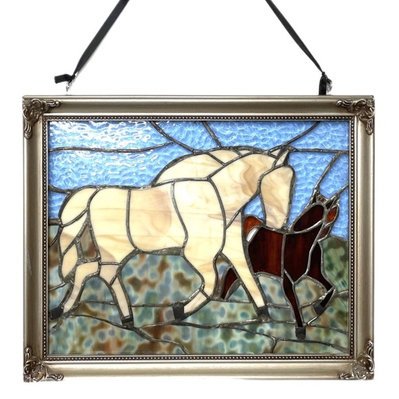 Handmade Other - Framed Hanging Stained Glass Western Horses Handmade Wall Art - One of A Kind